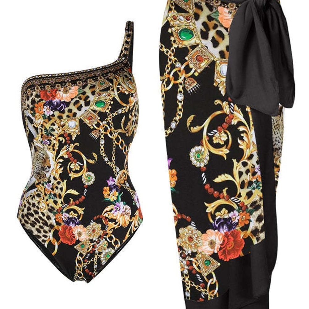 Floral and Leopard Print One-Shoulder Swimsuit with Sarong